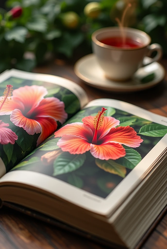 A book with pictures of hibiscus in it, on a wooden table and with a cup of hibiscus tea