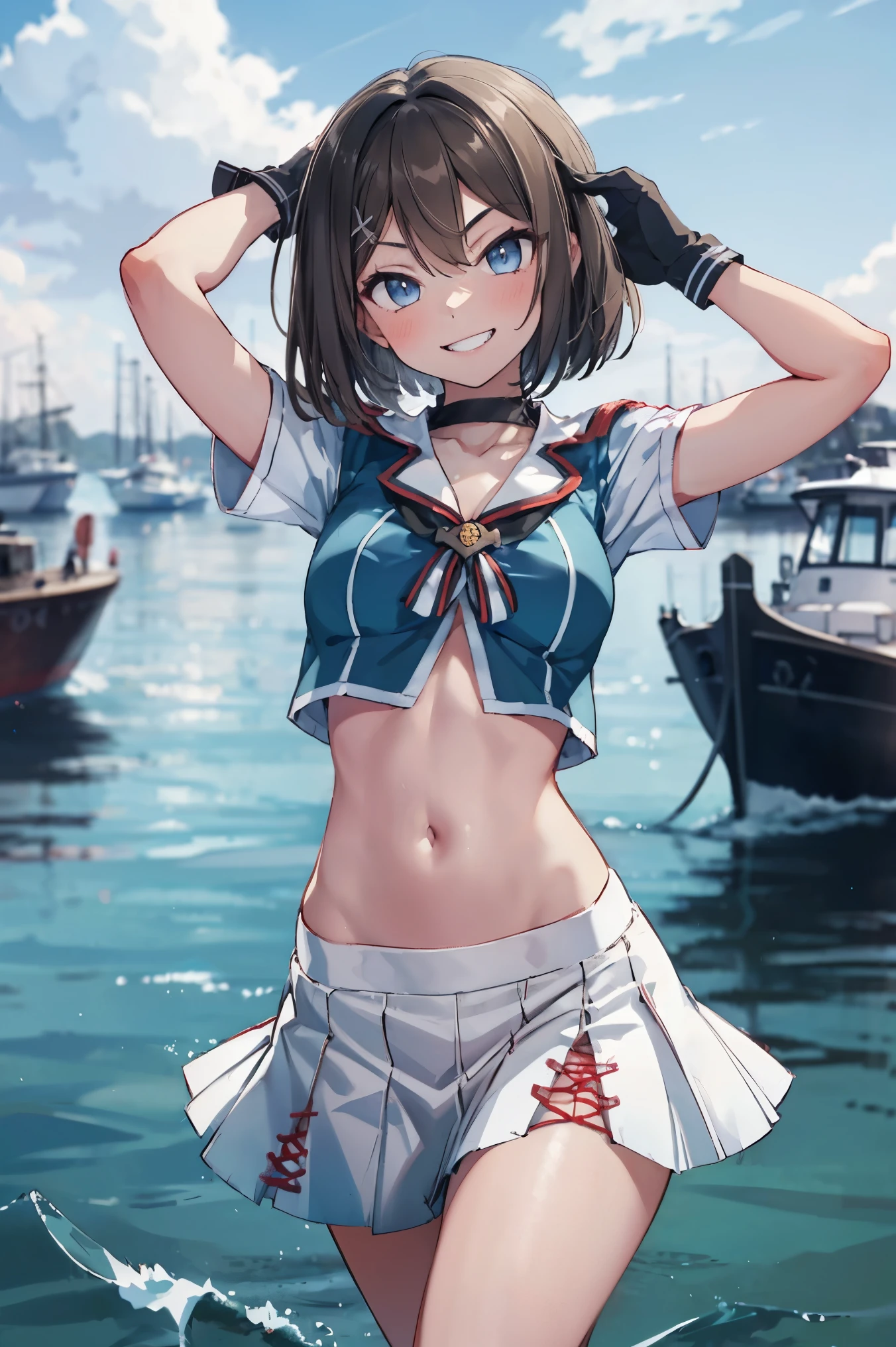 1young_teen_ girl, , brown_hair, medium_bob_hair, blue_midriff_baring_sailor_uniform, mini_skirt, short_sleeve, thighs, gigantic_breasts, (angry:0.6), smile,nihil,dynamic_posing, harbor_landscape_background, slightly_spread_Legs, happiness, short_gloves,,covered_nipples, covered_crotch,happy,grin,