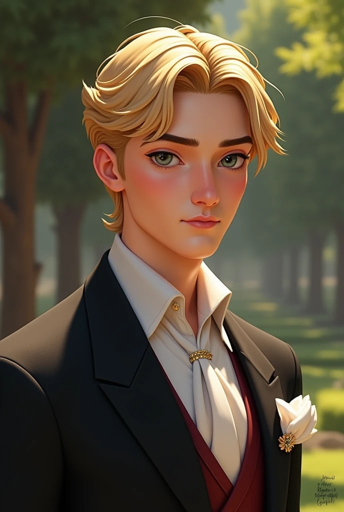 a 20-year-old prince with short blonde hair. He should exude a gentle and refined demeanor, while also being strikingly handsome and charming. His attire should be elegant and stylish, highlighting his attractive and sophisticated presence.