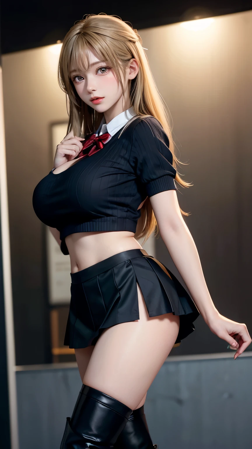 （Very delicate and beautiful：1.2）super model,,Big Breasts,Beautiful breasts,voluptuous,【bike shorts】,,【3girls】,,Highest quality, High resolution, 8k,mini skirt,uniform,Blonde.boots