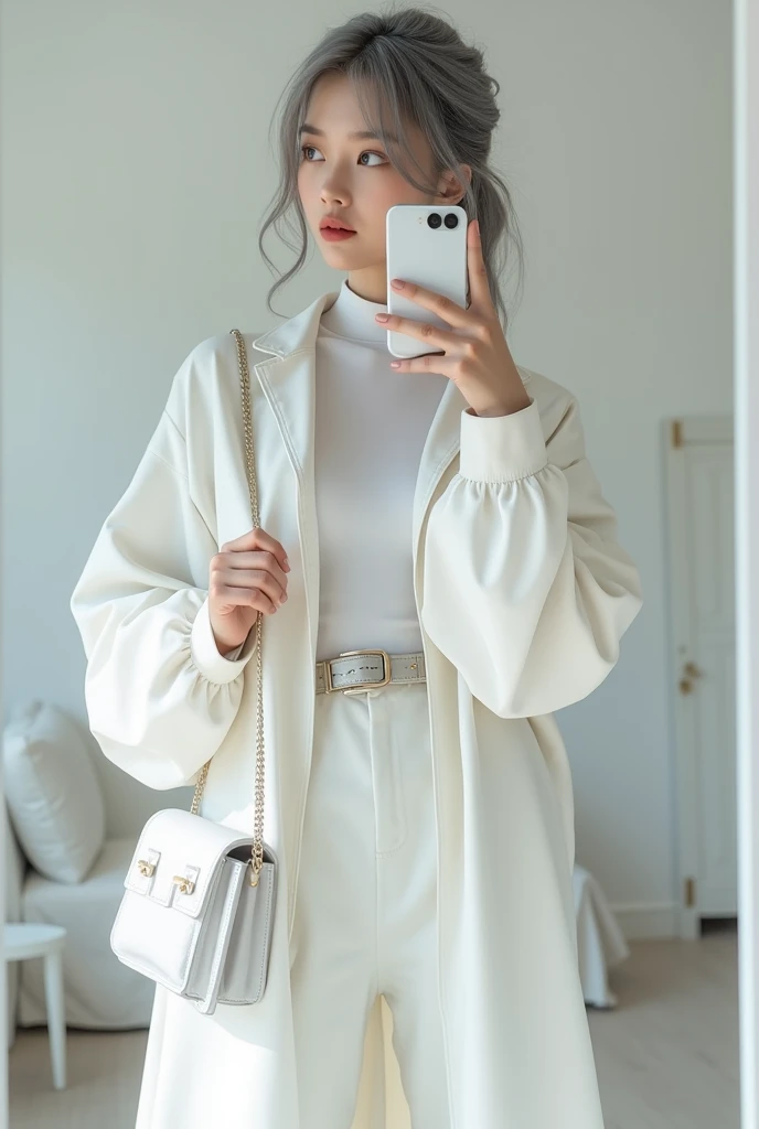 highly detailed, beautiful, hyper Realistic girl, masterpiece, best quality, Japanese sexy gravure woman, 18 years old, identity hidden, takes a selfie in her room using a smartphone in front of a mirror with one hand, fashion model Posing, ソファに腰を掛けている, looking away from the camera, /// gray arranged hair, light color eyes, Realistic skin, Detailed face, /// white-themed, futuristic-inspired casual fall outfit. The ensemble should feature a high-collared, white long shirt with metallic accents, paired with a sleek, form-fitting turtleneck in a soft white fabric. Combine this with high-waisted white joggers made from a lightweight, tech-inspired material. Footwear should include white, futuristic sneakers with transparent soles. Accessories might involve a slim, metallic belt and a minimalist white crossbody bag with holographic details. The overall look should blend modern functionality with futuristic elements, offering a fresh, forward-thinking take on autumn trend fashion, /// Monotone simple modern taste single room, mirror, complicated background