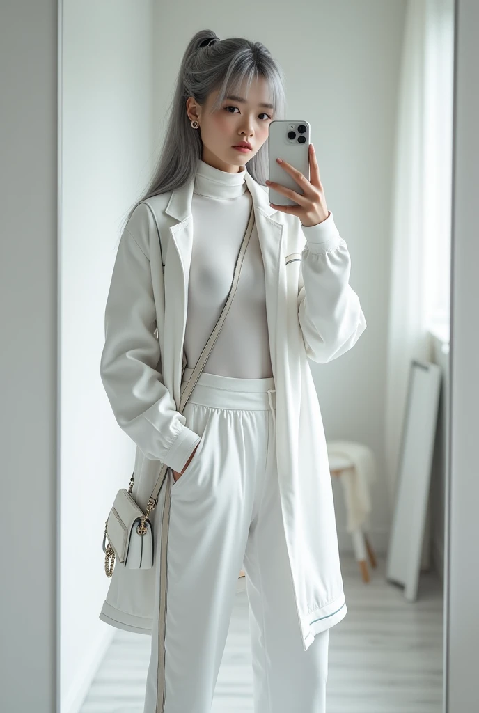 highly detailed, beautiful, hyper Realistic girl, masterpiece, best quality, Japanese sexy gravure woman, 18 years old, identity hidden, takes a selfie in her room using a smartphone in front of a mirror with one hand, fashion model Posing, ソファに腰を掛けている, looking away from the camera, /// gray arranged hair, light color eyes, Realistic skin, Detailed face, /// white-themed, futuristic-inspired casual fall outfit. The ensemble should feature a high-collared, white long shirt with metallic accents, paired with a sleek, form-fitting turtleneck in a soft white fabric. Combine this with high-waisted white joggers made from a lightweight, tech-inspired material. Footwear should include white, futuristic sneakers with transparent soles. Accessories might involve a slim, metallic belt and a minimalist white crossbody bag with holographic details. The overall look should blend modern functionality with futuristic elements, offering a fresh, forward-thinking take on autumn trend fashion, /// Monotone simple modern taste single room, mirror, complicated background