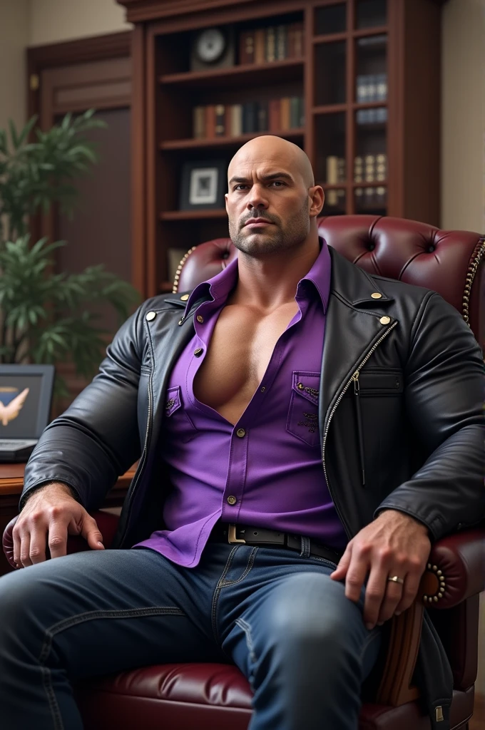 Big body builder white bald men wearing unbuttoned double pocket purple shirt with logos and black leather jacket in office on chair