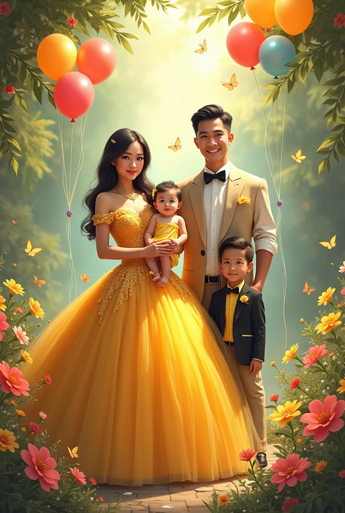 Real pinoy family pic women beautiful with ballgown yellow and daughter Currying baby girl 1 year old with ballgown yellow and man handsome with attire and baby boy with attire with flowers baloons butterflies