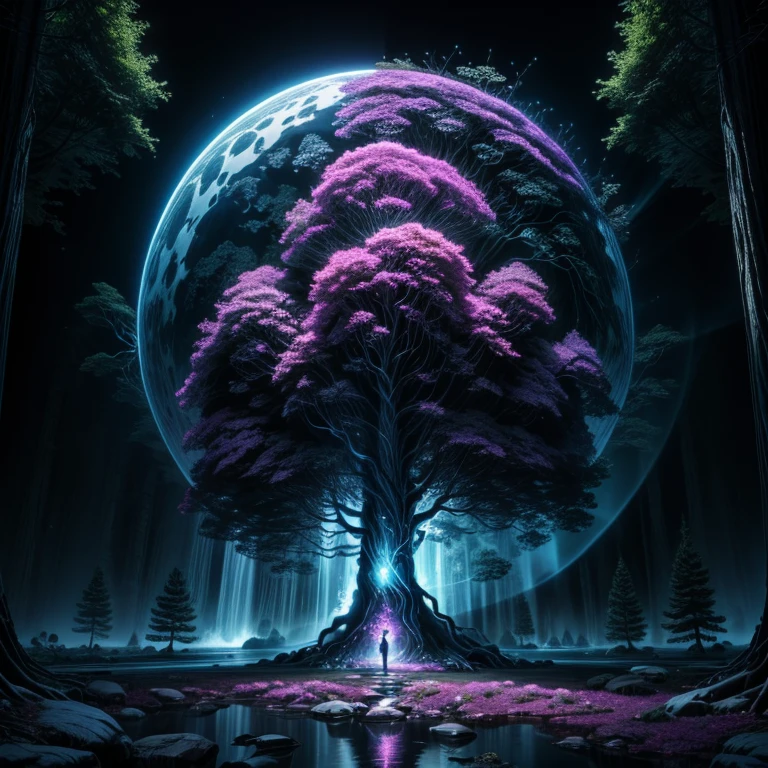 a tree in the middle of a waterfall surrounded by trees, tree of life, cosmic tree of life, the world tree, the tree of life, tree of life seed of doubt, world tree, yggdrasil, fantasy tree, magical tree, mystical setting, cosmic tree, beeple art, realism | beeple, tree of life inside the ball, (focus tree in the middle), (Strange)