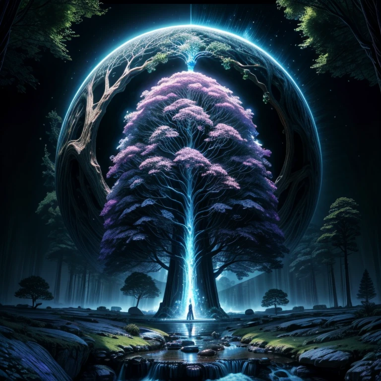 a tree in the middle of a waterfall surrounded by trees, tree of life, cosmic tree of life, the world tree, the tree of life, tree of life seed of doubt, world tree, yggdrasil, fantasy tree, magical tree, mystical setting, cosmic tree, beeple art, realism | beeple, tree of life inside the ball, (focus tree in the middle), (Strange)