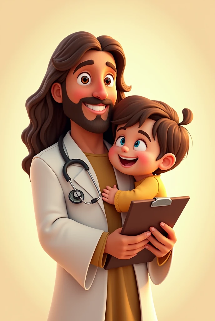 Animation of happy brown-eyed Jesus dressed as a doctor with clipboard in hands and stethoscope hugging a child