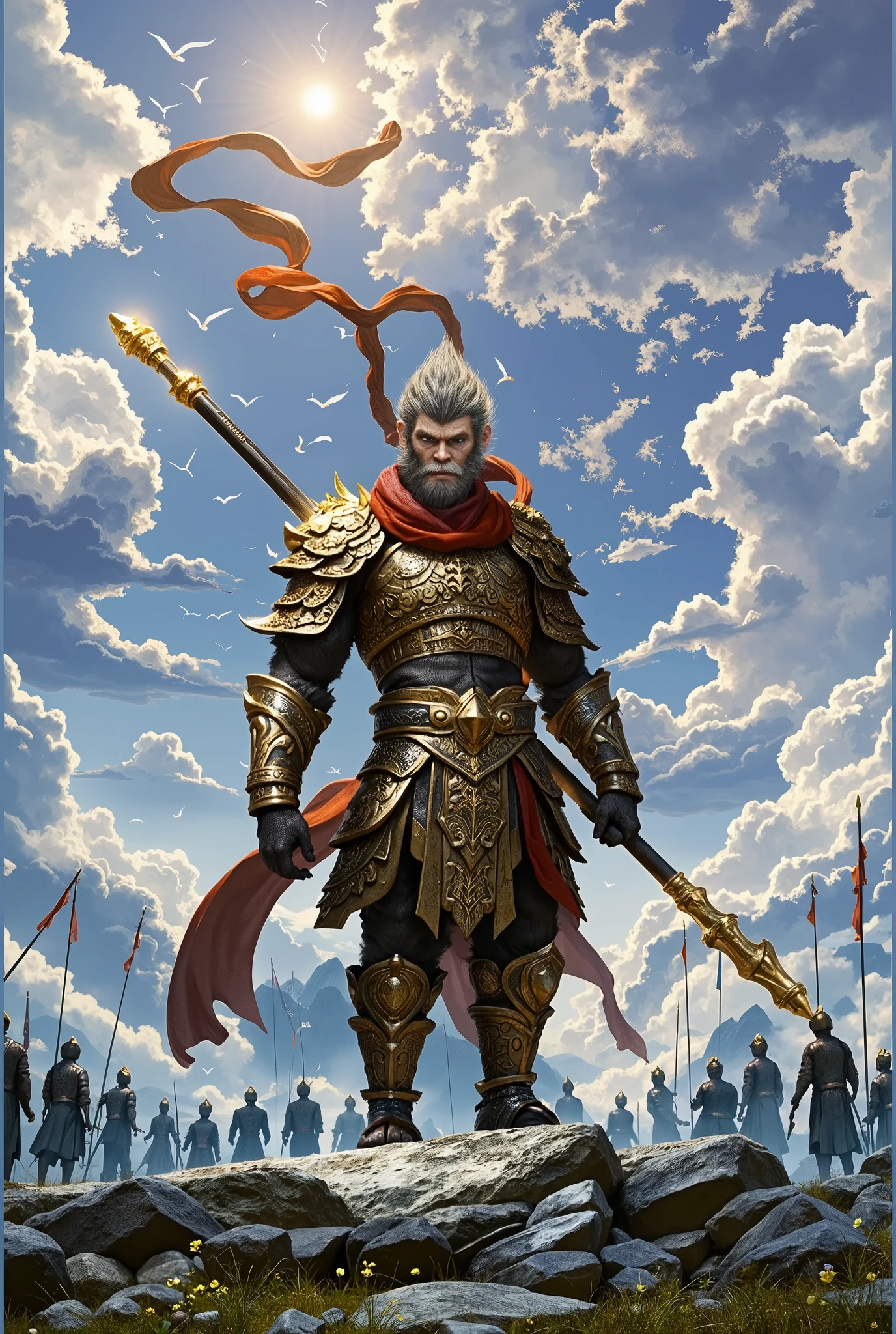 In the movie-level screen,Black Myth: Wukong's Shocking Debut。He was heavily armed,Holding a golden iron rod,The battle robe and heavy armor are gorgeous and solemn,Textures interweave like ancient myths,Weathered face,Scars and wrinkles are full of hardships,Deep eyes ignite the flames of war,The majestic body and great strength,Time has not diminished his heroic spirit,Showing sacred solemnity,Standing on the stone,look up to the sky,The clouds in the sky have a fish-eye effect,There were soldiers surrounding him.,The composition perspective is a bird's eye view,Look down from the sky