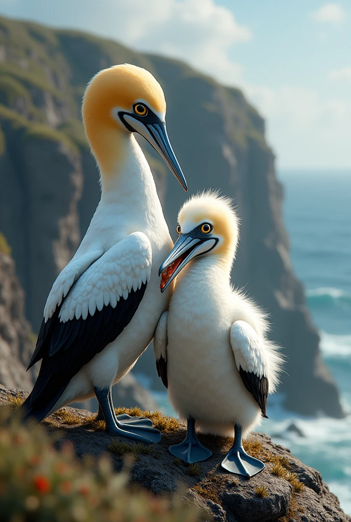 Adult gannets feeding their chick by regurgitating the food