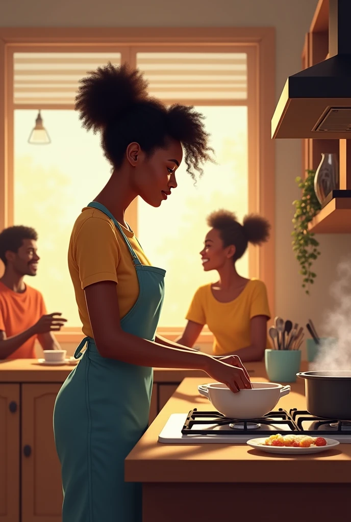 Generate an image product of a young black beautiful lady washing bowls and cooking whiles a young black man and woman are sitting in the background chatting and laughing 