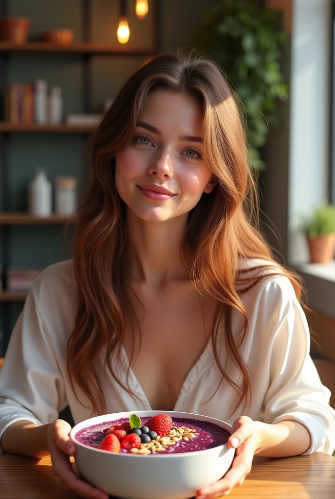 Realistic young woman, At the acai shop ,chestnut hair,eating acai , ultra HD, high qualiy, best qualityer, high resolution, 8k, 16K
