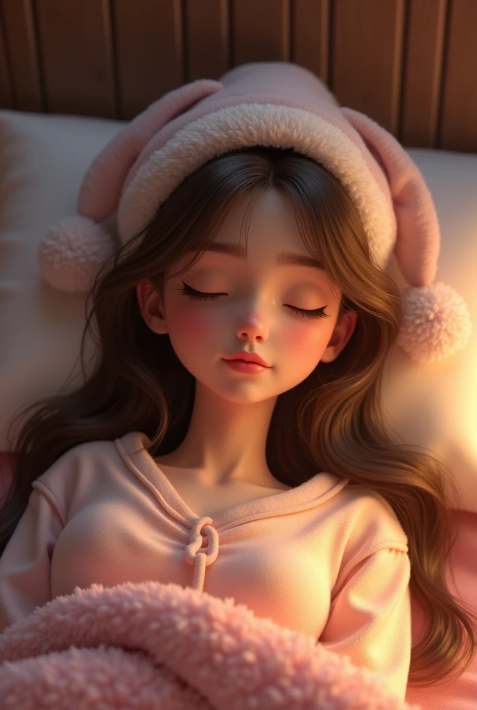 She is lying in bed, wearing her pajamas and her cute sleeping cap., The character has long, straight, messy, browns hair, bright yellow eyes, snow-white skin, a perfect and delicate face, she is very beautiful and is 25 years old, make the image in the Pixar style Disney, in 9:16 format.