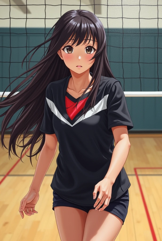 Japanese long-haired high school girl in oil painting style。
Volleyball club practicing in the gym。
The uniform is black and white with short sleeves.、Red underneath。
A painting that looks like a photograph。