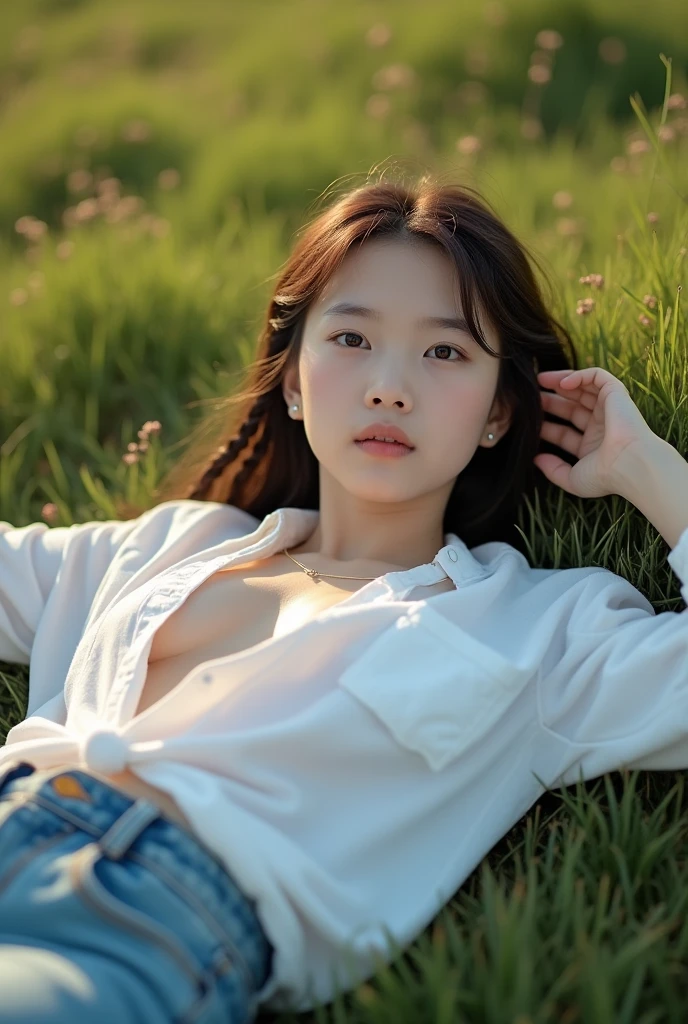 (A girl lying on her back in a shirt in a grassy field outdoors。A little bit of underwear is visible)professional lighting,crouching,The cat gazes invitingly at the photographer.,Girl with braided hair, The white shirt is wide open,Cleavage,Underbust,Cute young girl, Young and adorable Korean face, young asian girl, Beautiful young girl, full body,(Her jeans slip down to her thighs, revealing her white panties)
