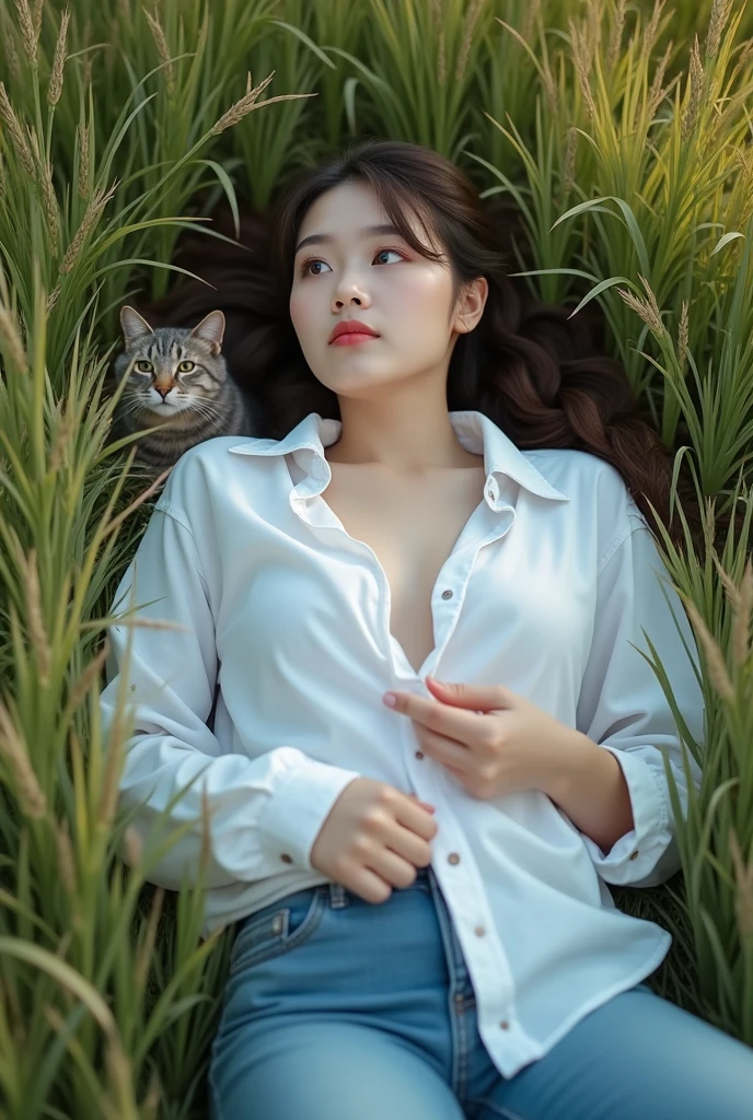 (A girl lying on her back in a shirt in a grassy field outdoors。A little bit of underwear is visible)professional lighting,crouching,The cat gazes invitingly at the photographer.,Girl with braided hair, The white shirt is wide open,Cleavage,Underbust,Cute young girl, Young and adorable Korean face, young asian girl, Beautiful young girl, full body,(Her jeans slip down to her thighs, revealing her white panties)