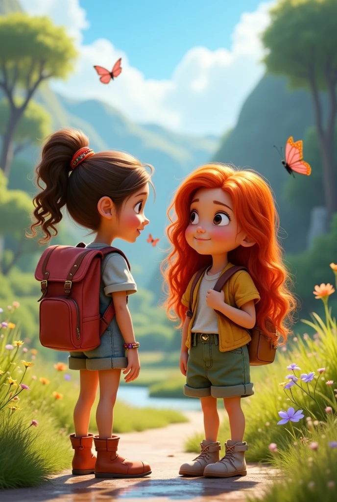 Pixer Dianey movie image of a red-haired girl with straight hair and a curly-haired girl with brown hair wearing backpacks