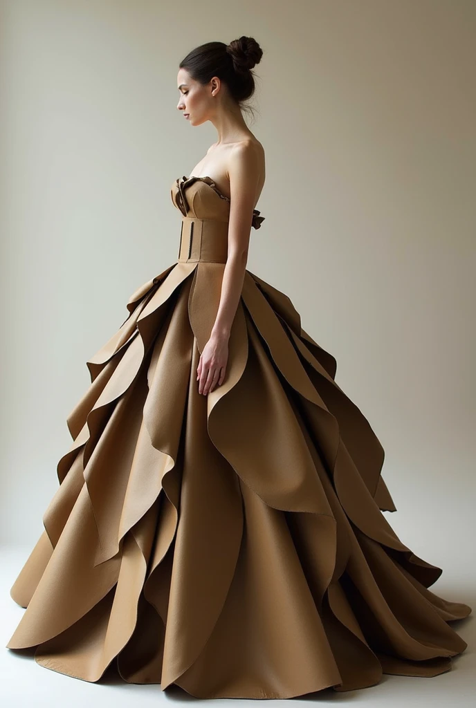 A girl wearing a ball gown, a long dress with a cut at the shoulders and a low neckline, exposed arms and long, puffy skirts, made of cardboard in different colors, such as brown and dark brownish.