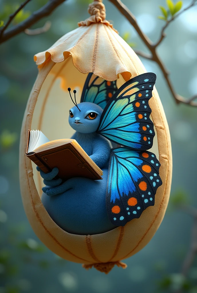 create an image of a beautiful butterfly sitting and curled up inside a cocoon reading a book with blue wings