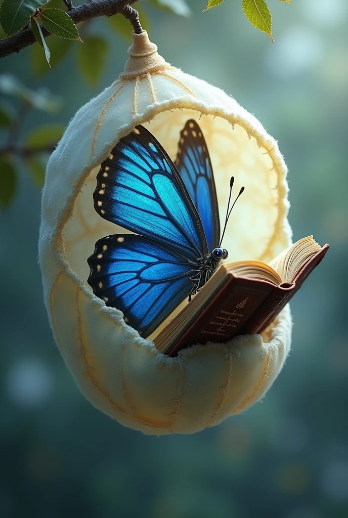 create an image of a beautiful butterfly sitting and curled up inside a cocoon reading a book with blue wings