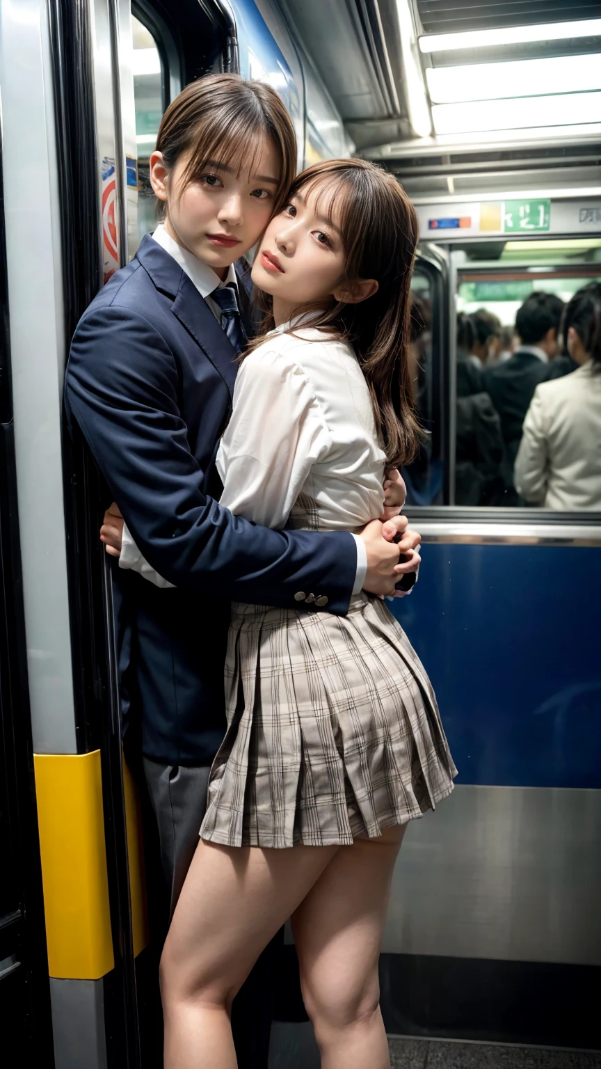 NSFW, crowded train, Japan , Handsome man hugging her from behind, Talking in her ear, lift her up, miniskirt twisted upwards, 40k, photograph, masterpiece, highest quality, dark gray background, ((Japan girls' high school uniform)), A man leans on her from behind、I held you up, Mr.々Hit the pose., large breasts
