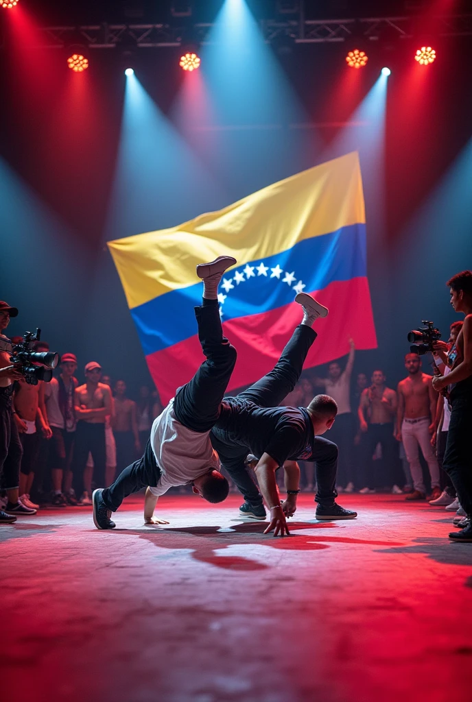Generates an image of several break dancers in the background of the stage there is a current Venezuelan flag and in the audience there are many excited people and cameramen and a lot of lighting