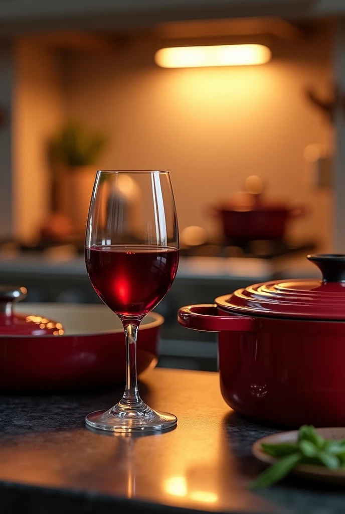 Mise in place, glass of wine, American stove, cozy, le creuset pots