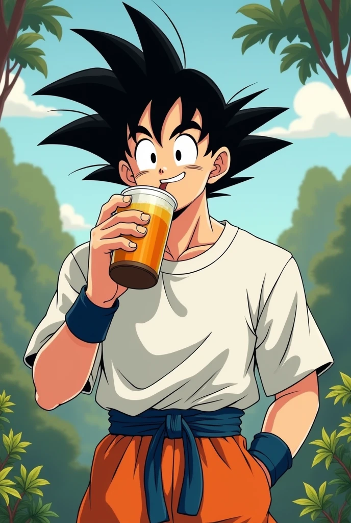Goku with a white shirt and a black horizontal stripe, taking terere
