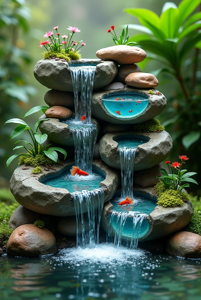 An ornamental waterfall with natural stones measuring two meters high, several falls, and with betta fish aquariums built into the rocks