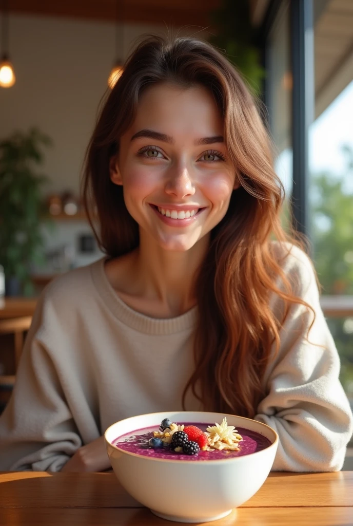 Realistic young woman, At the acai shop ,chestnut hair,eating acai , ultra HD, high qualiy, best qualityer, high resolution, 8k, 16K
