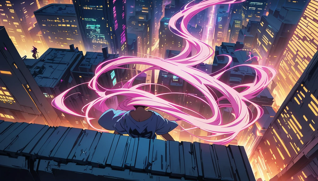 (masterpiece, Highest quality:1.2), (Anime artwork, Anime Style, Studio Anime, Very detailed, Latest, Vibrant, Anime Coloring, High Contrast, masterpiece:1.2, Highest quality, Best aesthetics), ((View from the roof of the building:1.2, A woman stands on the rooftop, overlook, A view so beautiful it makes your legs tremble)), Cyber City, ((Digital Cyberpunk - Anime Art)), long flowing hair, Eyes of determination, Powerful strokes, Excited state, Detailed Weapons, strength, Impact, energy, Cool action scenes,((Oversized T-shirt))