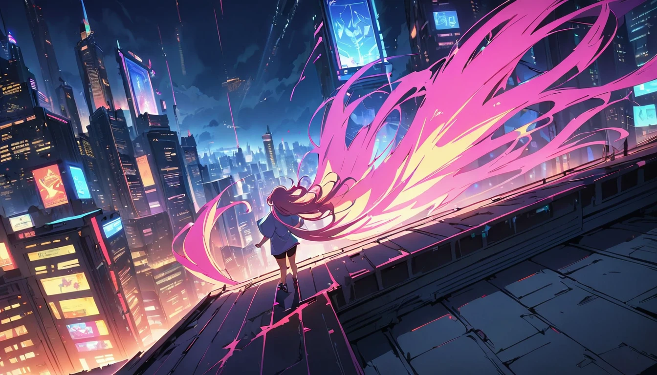 (masterpiece, Highest quality:1.2), (Anime artwork, Anime Style, Studio Anime, Very detailed, Latest, Vibrant, Anime Coloring, High Contrast, masterpiece:1.2, Highest quality, Best aesthetics), ((View from the roof of the building:1.2, A woman stands on the rooftop, overlook, A view so beautiful it makes your legs tremble)), Cyber City, ((Digital Cyberpunk - Anime Art)), long flowing hair, Eyes of determination, Powerful strokes, Excited state, Detailed Weapons, strength, Impact, energy, Cool action scenes,((Oversized T-shirt))