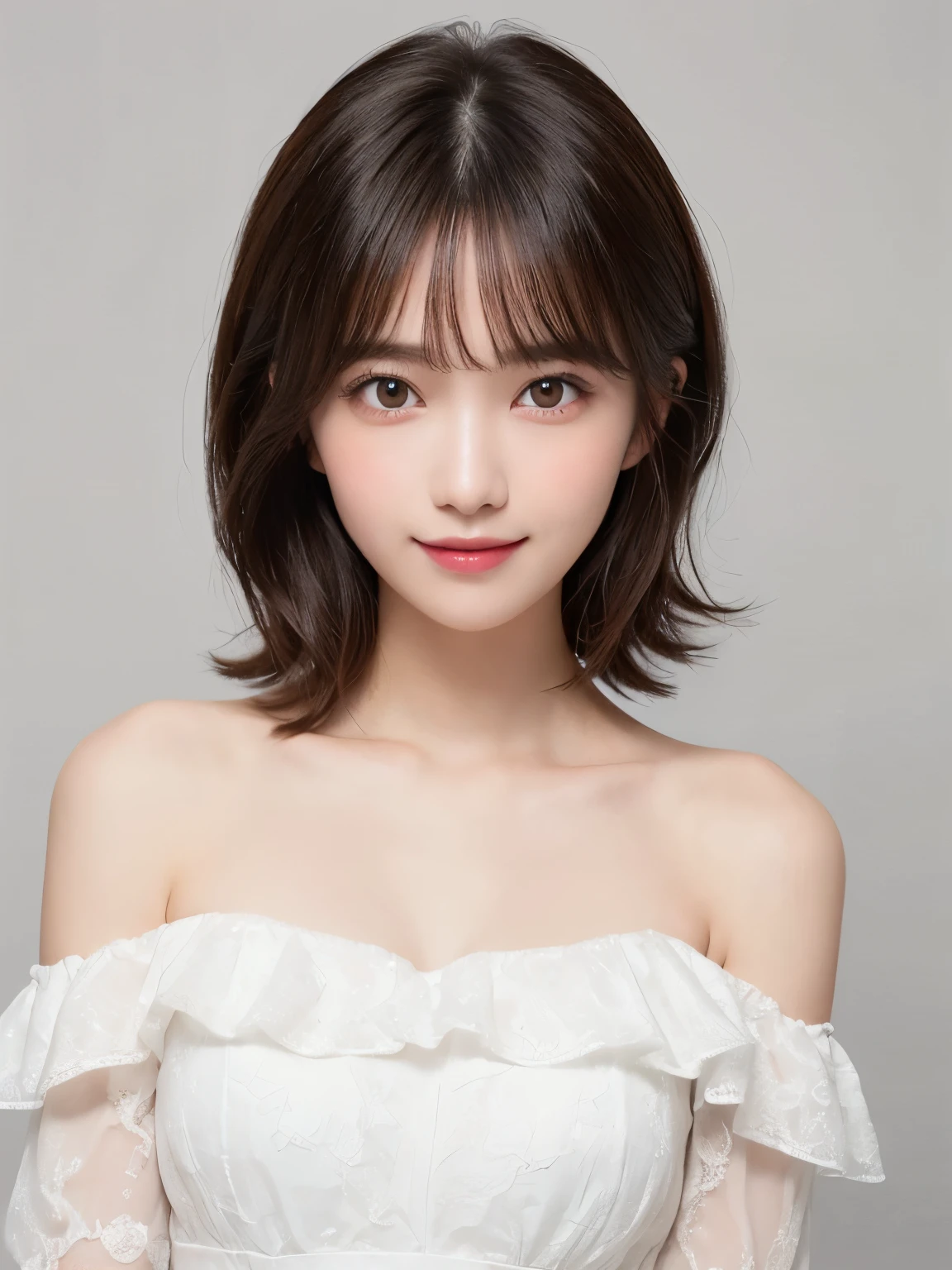 white background, full body portrait, looks very happy, smile, one girl, (a beauty girl, delicate girl:1.3), (20 years old:1.3), (white off shoulder dress), very fine eyes, (symmetrical eyes:1.3), C cup breasts, brown eyes, parted bangs, short hair, (eyes and faces with detailed:1.0), (masterpiece, best quality, ultra detailed, detailed face, 8k)