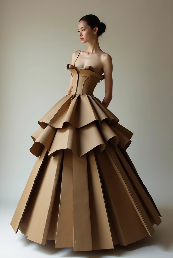 A girl wearing a ball gown, a long dress with a cut at the shoulders and a low neckline, exposed arms and long, puffy skirts, made of cardboard in different colors, such as brown and dark brownish.