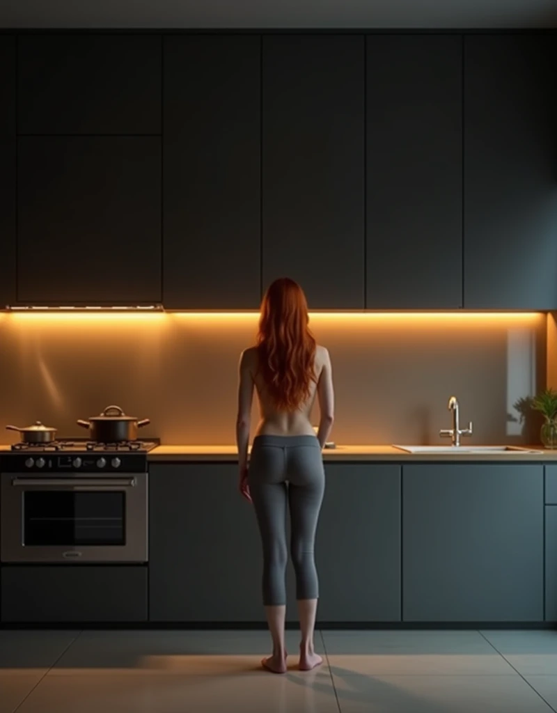 High resolution photo for printing. A girl with a slender build and a narrow waist, elastic buttocks. Full-length rear view. Red-haired girl in tight gray pants cooks at the stove in the kitchen.
