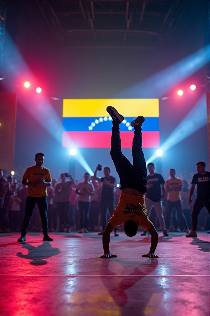 Generates an image of several break dancers in the background of the stage there is a current Venezuelan flag and in the audience there are many excited people and cameramen and a lot of lighting