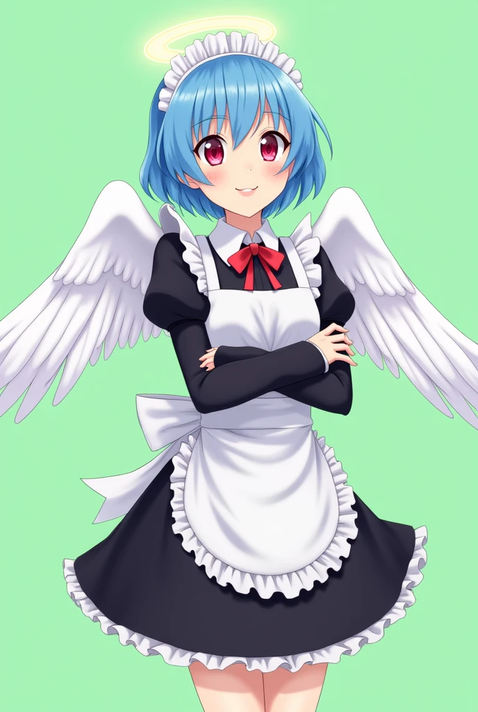 
Maid cafe maid with short blue hair, Red eyes, that shows a happy smile, age range between 18 and 26 years, with angel wings, black long sleeve uniform, anime style completely in 2D, with pastel colors, with a completely flat and green background