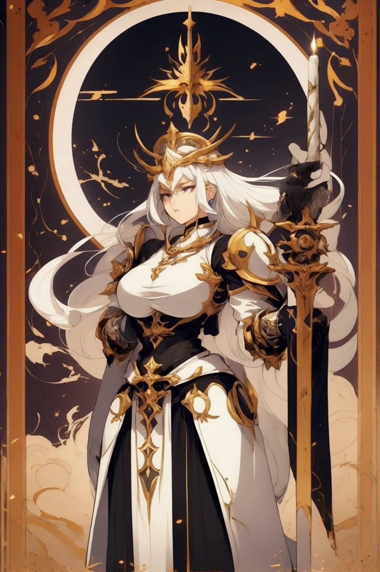 White hair, divine aura branch. goddess of the moon, serious face, breasts on display, large bust, Large Large, with medieval armor