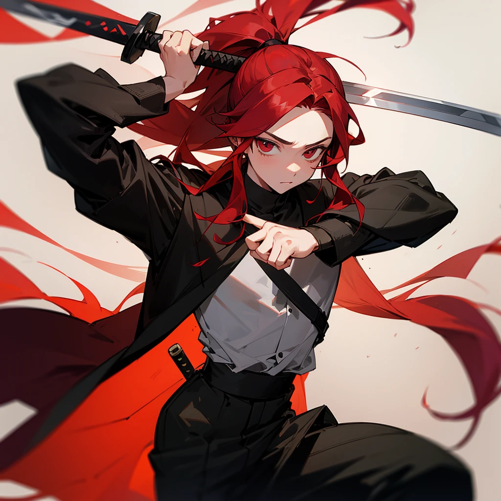 Young boy with long red hair with a black streak, tied in a ponytail at the tip, dark clothes, carrying a sword in his hand
