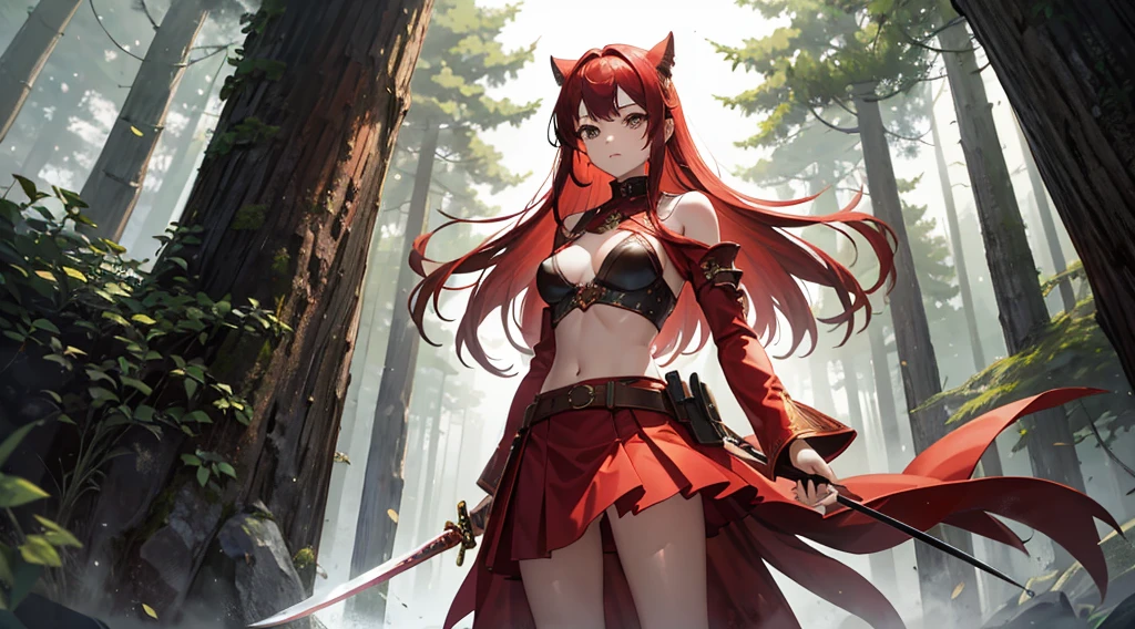 Red Western-style armor　No sleeve　Belly button sticking out　high school girl　Perfect Style　Slender　Holding a sword　Before dawn　Dimming　forest