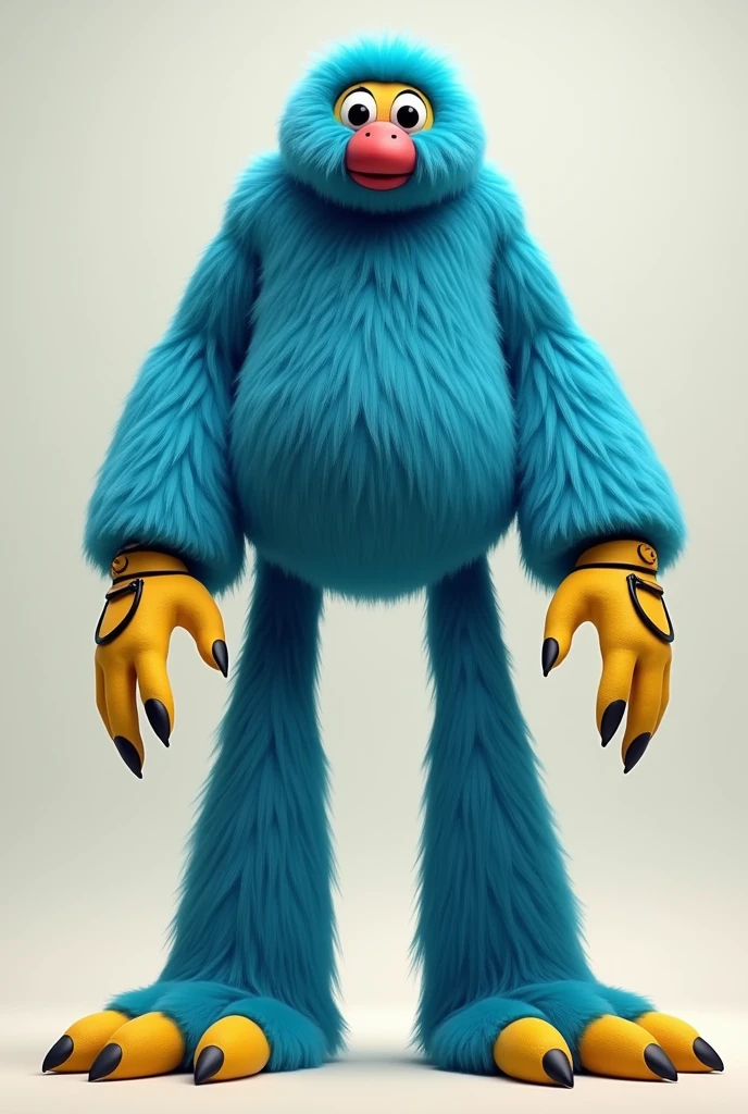 Huggy Wuggy is a tall, slender creature covered in thick, bright blue fur. Its arms and legs are 10 feet long and end in large yellow hands and feet. His hands have large Velcro straps across the palms, and both his feet have four digits, including the indices, although they are just dots and are unable to move individually (with the exception of the indices). Its torso is stout and disproportionately small compared to its long limbs. Its head is large and contains two large, dilated black eyes. On her face are red, large, cartoonish lips.