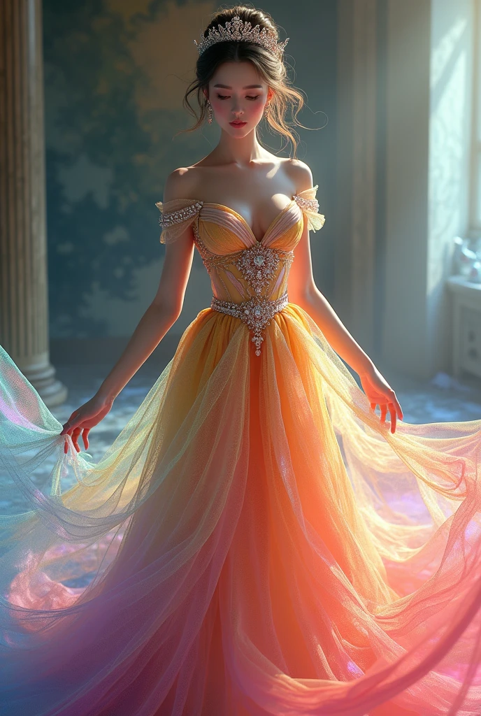 a lady wear net frok multicolor like a princess