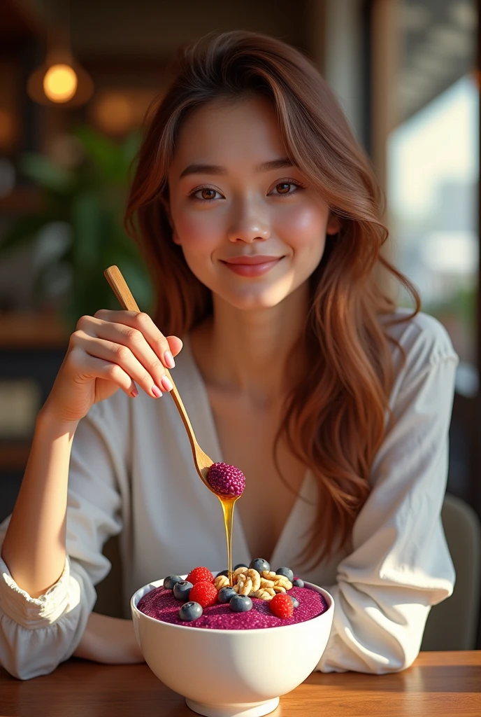 Realistic young woman, At the acai shop ,chestnut hair,eating acai , ultra HD, high qualiy, best qualityer, high resolution, 8k, 16K
