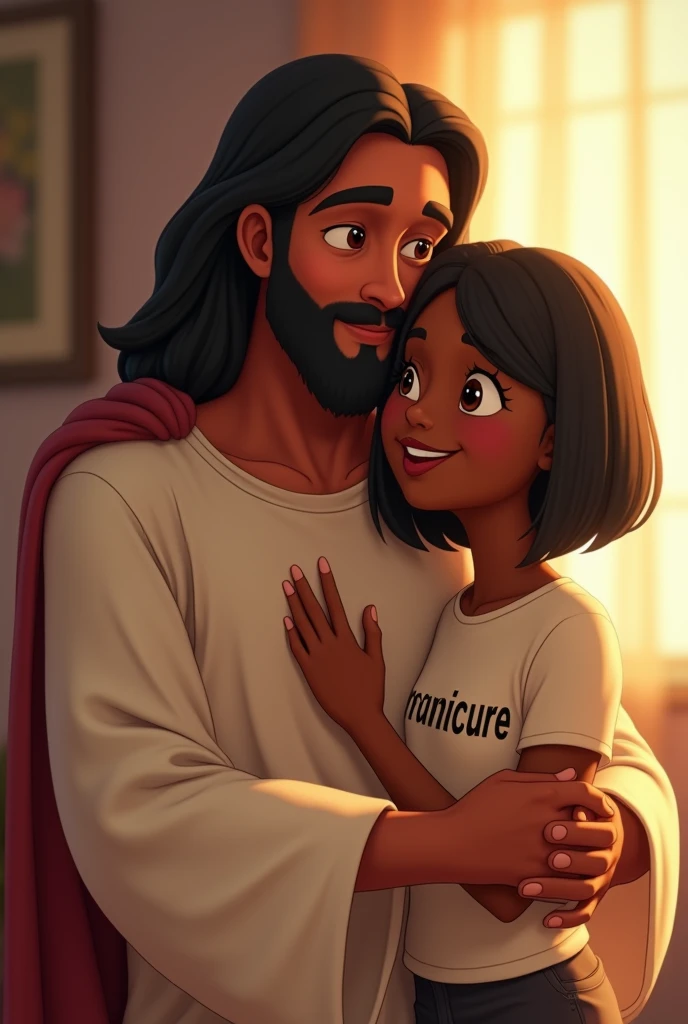 Animation of happy brown-eyed Jesus hugging a black woman with short straight black hair wearing a T-shirt with the word manicure written on it