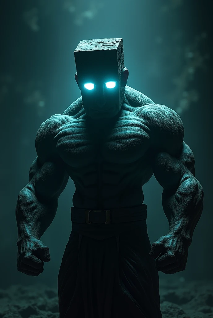 Muscular Minecraft Steve with glowing white eyes