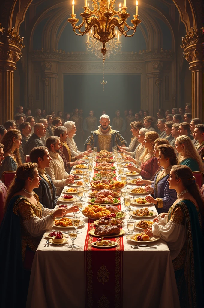 A royal banquet full of food in a castle 