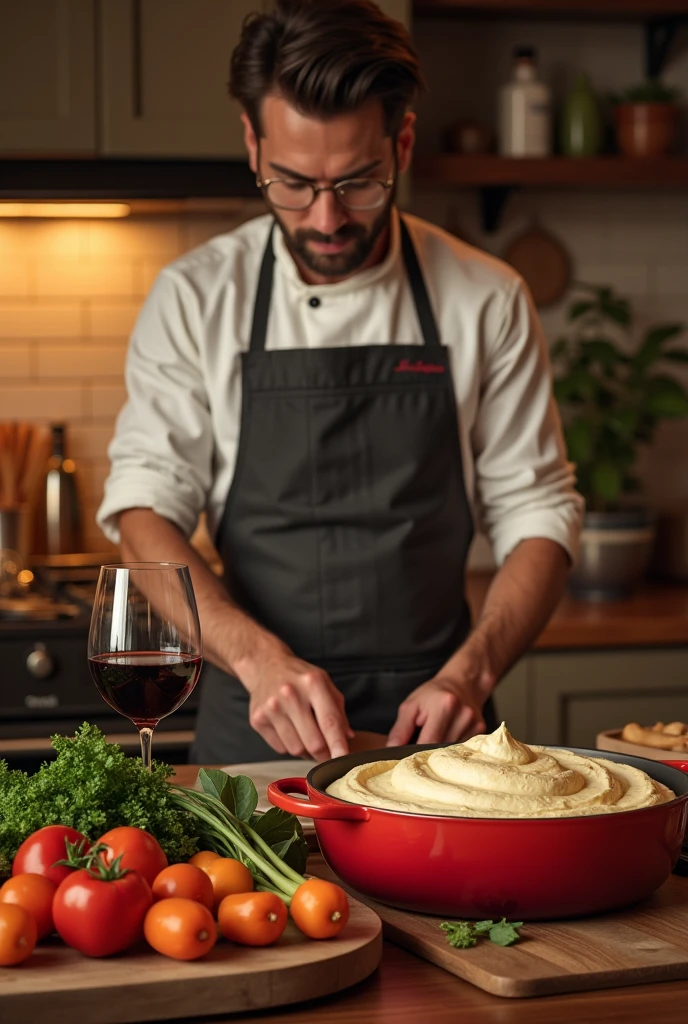 Mise in place, glass of wine, American stove, cozy, le creuset meringue pans