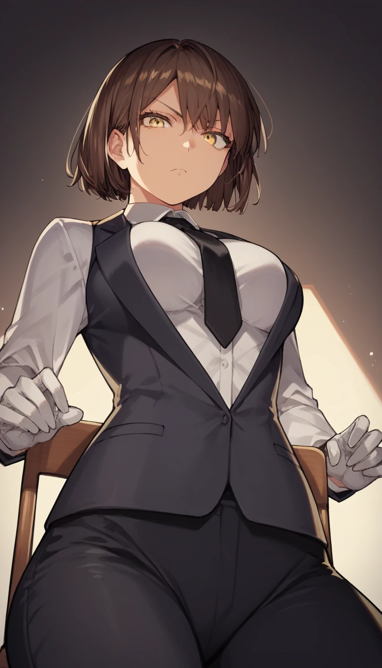 score_9, score_8_up, score_7_up, source_anime, 1girl, yellow eyes, room, wariza, short hair, Shag haircut, dark brown hair, Frowning face, serious face, portrait, blazer, starshadowmagician, solo, Adult woman, best perfect anatomy, thin, curvy body, medium breasts, curvy body, upper body shot on person, a woman showing disappointed, lonely woman, a woman sitting in chair, white shirt, black tie, format black vest, Long-sleeved shirt, black trousers, white gloves, wear a white surgical mask, Low Angle Shot, dynamic angle, no light source, dark background, night days, hotel kitchen room,