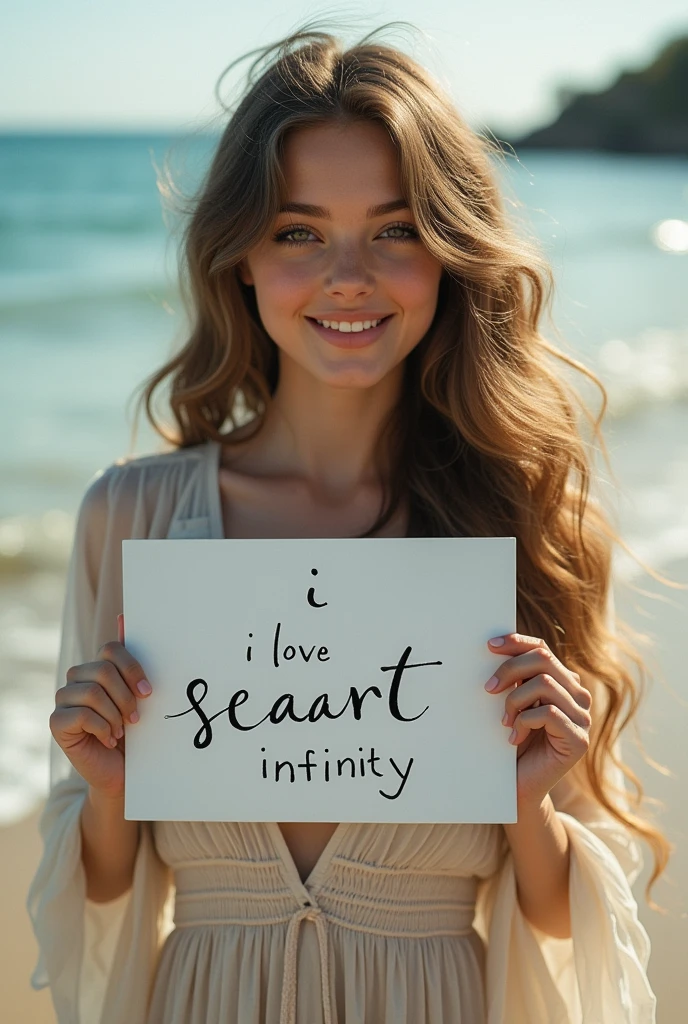 Beautiful girl with wavy long hair, bohemian dress, holding a white board with text "I Love Seaart Infinity" and showing it to the viewer