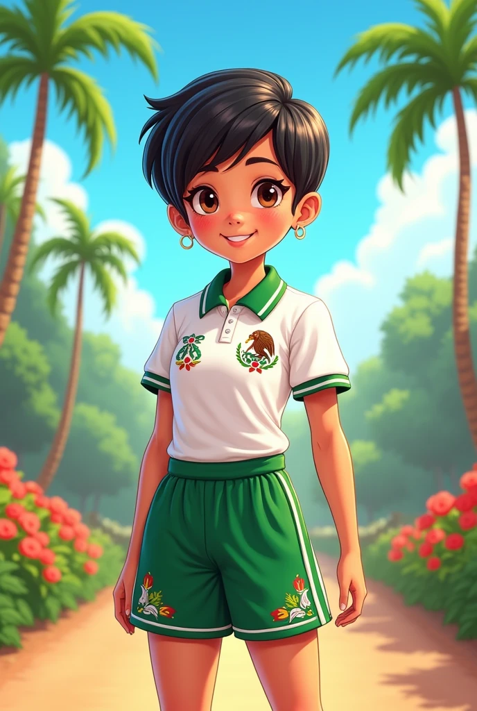 Cartoon of a girl in a Mexican sports uniform, white polo shirt and green shorts 