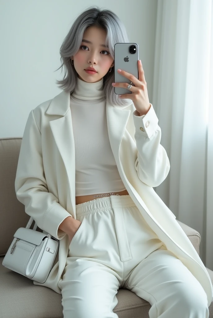 highly detailed, beautiful, hyper Realistic girl, masterpiece, best quality, Japanese sexy gravure woman, 18 years old, identity hidden, takes a selfie in her room using a smartphone in front of a mirror with one hand, fashion model Posing, Sitting on the sofa, looking away from the camera, /// gray arranged hair, light color eyes, Realistic skin, Detailed face, /// white-themed, futuristic-inspired casual fall outfit. The ensemble should feature a high-collared, white long shirt with metallic accents, paired with a sleek, form-fitting turtleneck in a soft white fabric. Combine this with high-waisted white joggers made from a lightweight, tech-inspired material. Footwear should include white, futuristic sneakers with transparent soles. Accessories might involve a slim, metallic belt and a minimalist white crossbody bag with holographic details. The overall look should blend modern functionality with futuristic elements, offering a fresh, forward-thinking take on autumn trend fashion, /// Monotone simple modern taste single room, mirror, complicated background
